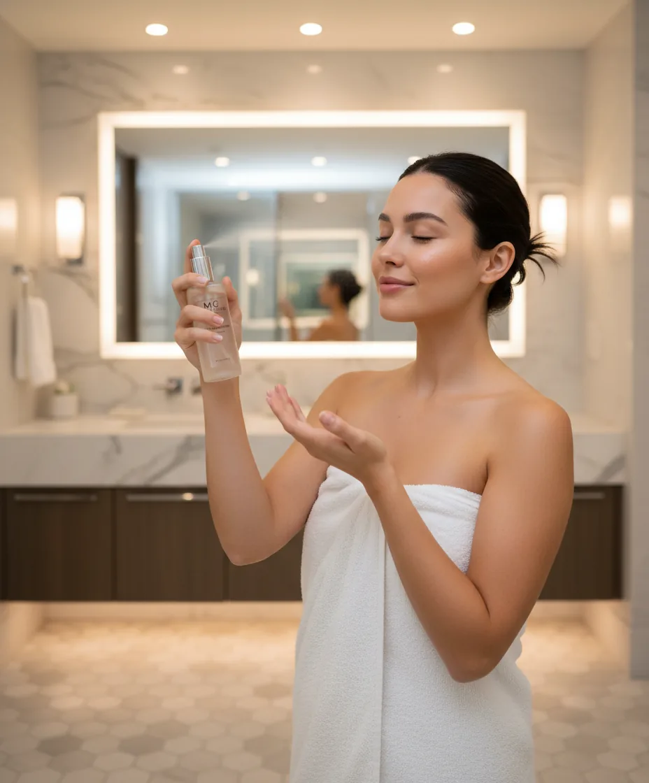 Woman with dewy, refreshed-looking skin using Micro Glow Facial Hydration Mist in a calm, sunlit bathroom